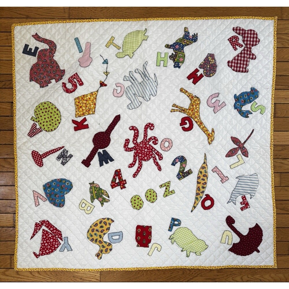 Handmade Baby Quilt 42x41” Animal Alphabet Applique Crib Toddler Blanket